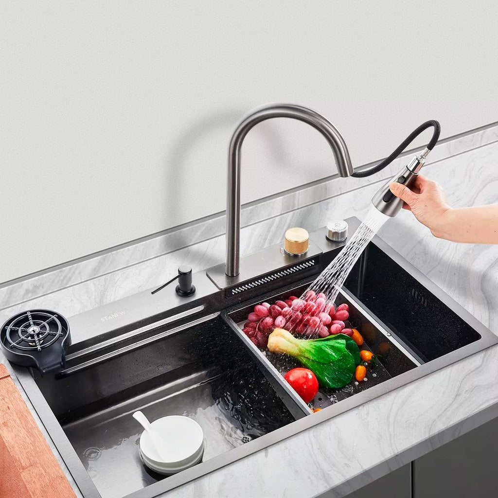 Tarja multifunción de acero inoxidable 80 × 46 cm LH8046 Stanew — Con grifo giratorio 360°, accesorios premium y diseño moderno para cocina