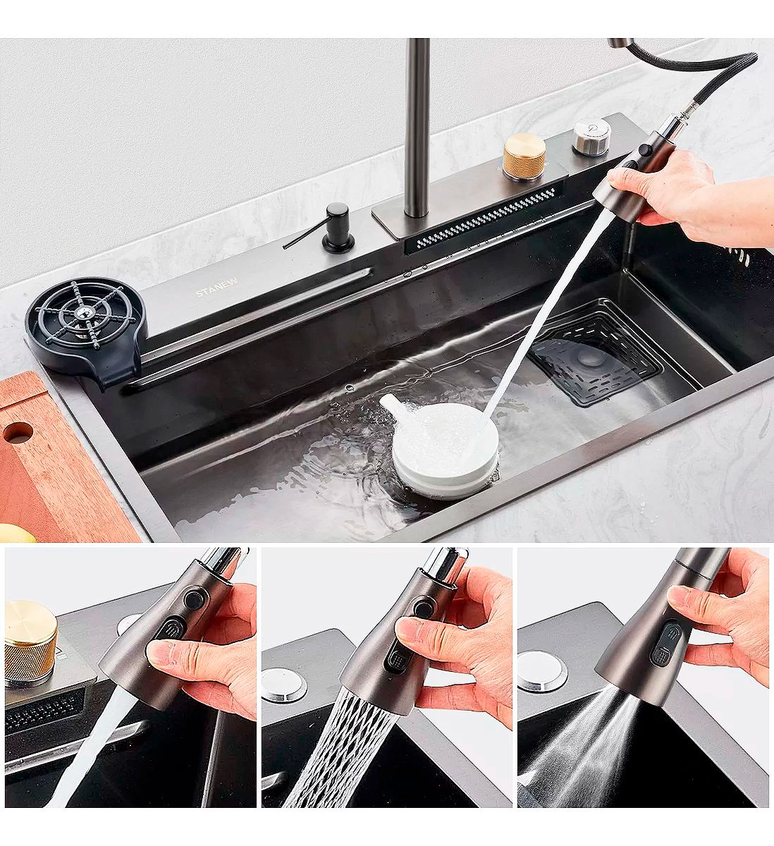 Tarja multifunción de acero inoxidable 80 × 46 cm LH8046 Stanew — Con grifo giratorio 360°, accesorios premium y diseño moderno para cocina