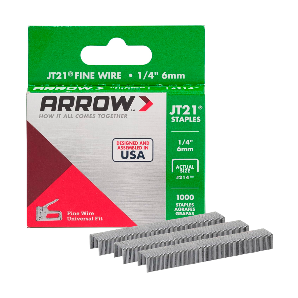 Grapas JT21 Arrow 214 – 1/4″ (6 mm) leg, 7/16″ corona, pack profesional 100 pzs para grapadora Arrow JT21/T27