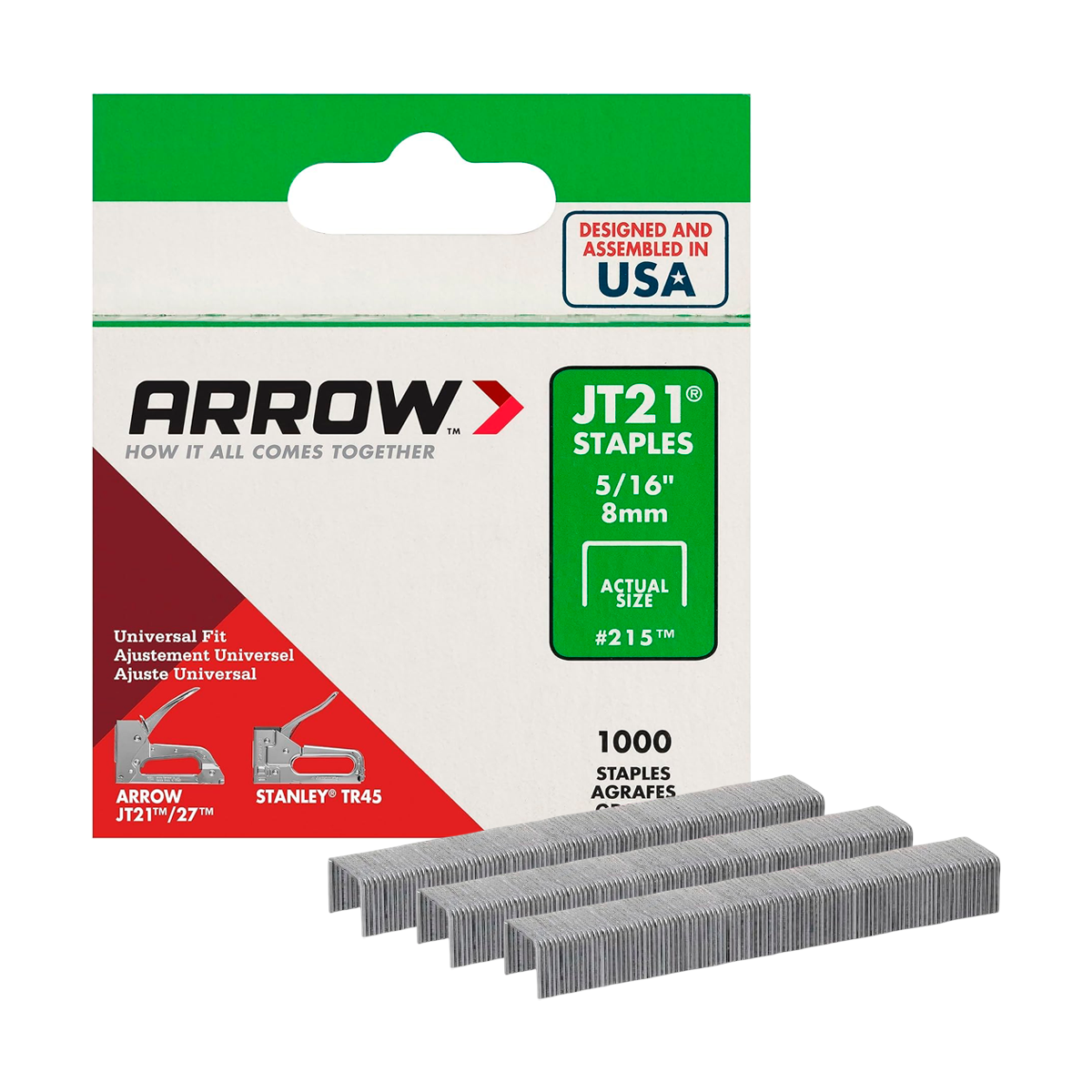 Grapas JT21 #215 Arrow – 5/16″ (≈8 mm) pierna x 7/16″ (≈11 mm) corona, pack 100 pzs / ultra ligera para tapicería y bricolaje