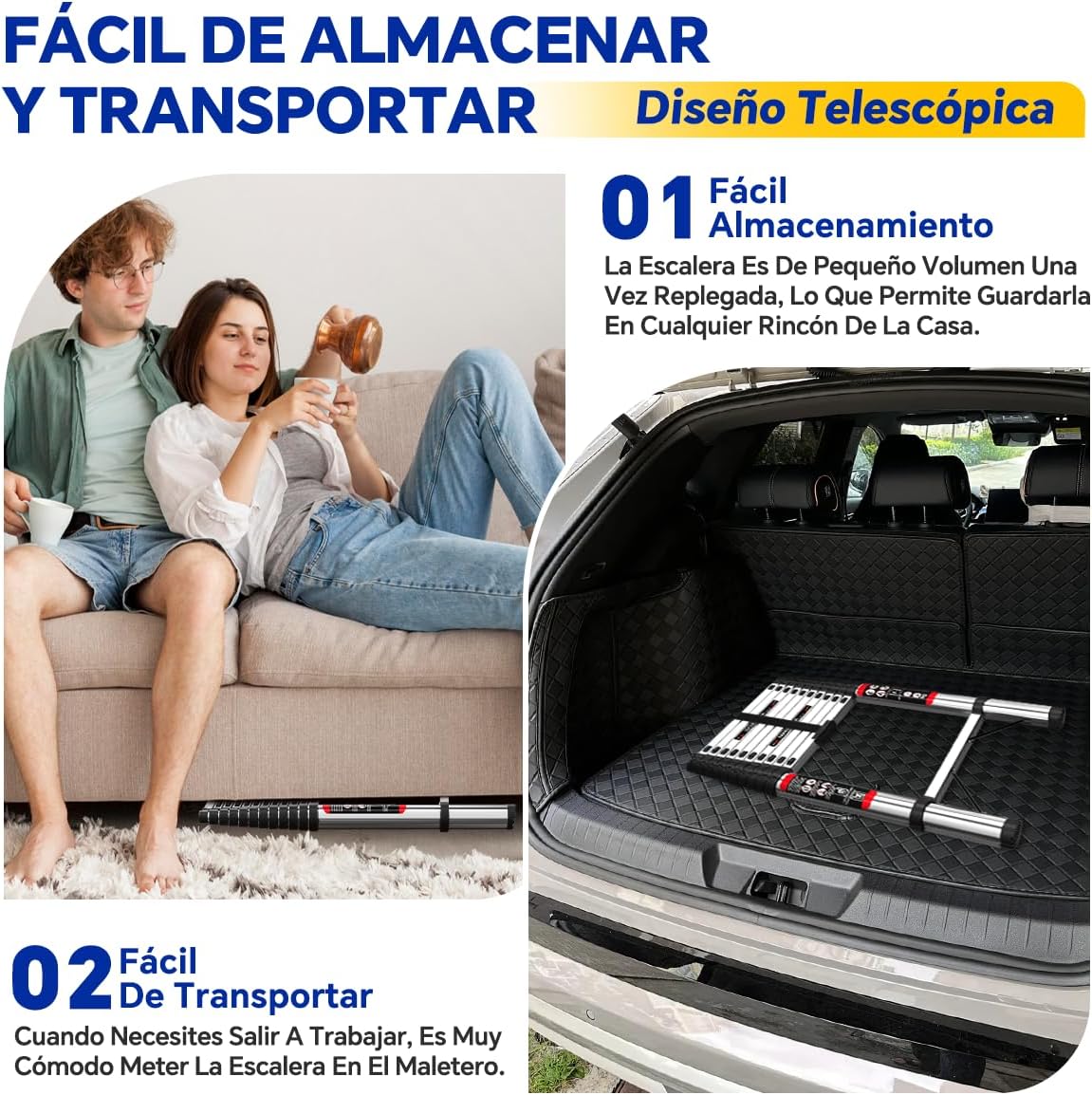 Escalera Telescópica de Aluminio 2 Metros Plegable y Portátil – Multiusos y Segura