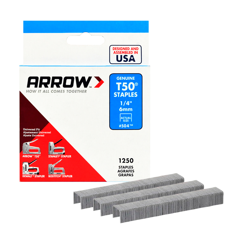 Grapas T50 #504 Arrow – 1/4″ leg × 3/8″ crown, caja de 1 250 pzs (Serie T50 Heavy-Duty)