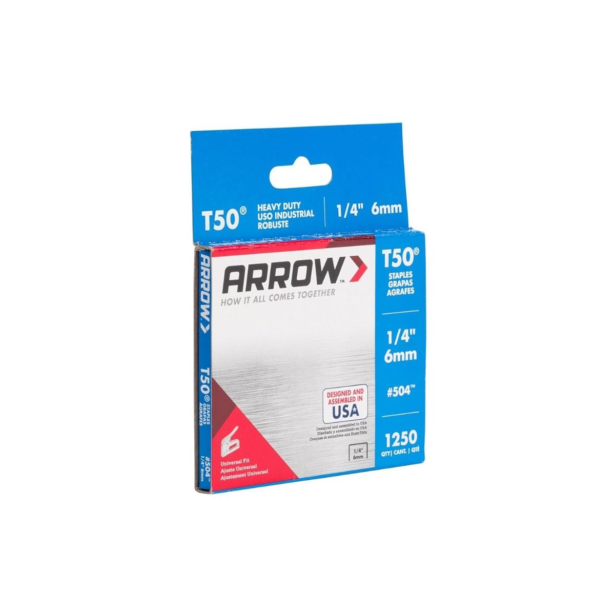 Grapas T50 #504 Arrow – 1/4″ leg × 3/8″ crown, caja de 1 250 pzs (Serie T50 Heavy-Duty)