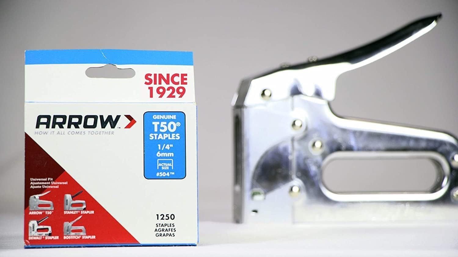 Grapas T50 #504 Arrow – 1/4″ leg × 3/8″ crown, caja de 1 250 pzs (Serie T50 Heavy-Duty)