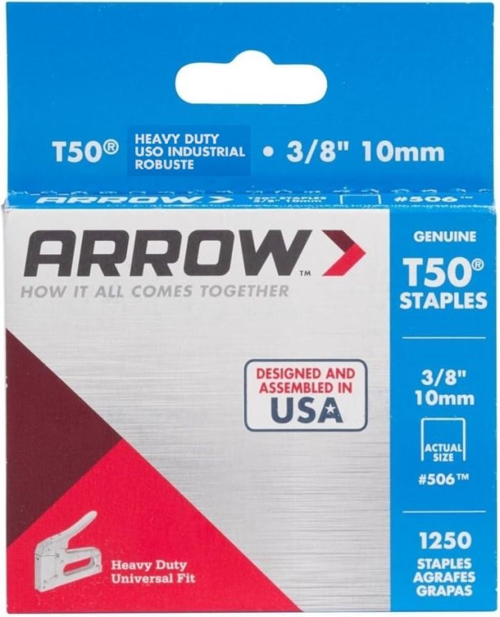Grapas T50 Arrow #506 – Pierna 3/8″ × Corona 3/8″, Caja 1 250 pzs – Compatible Grapadoras T50 Heavy-Duty
