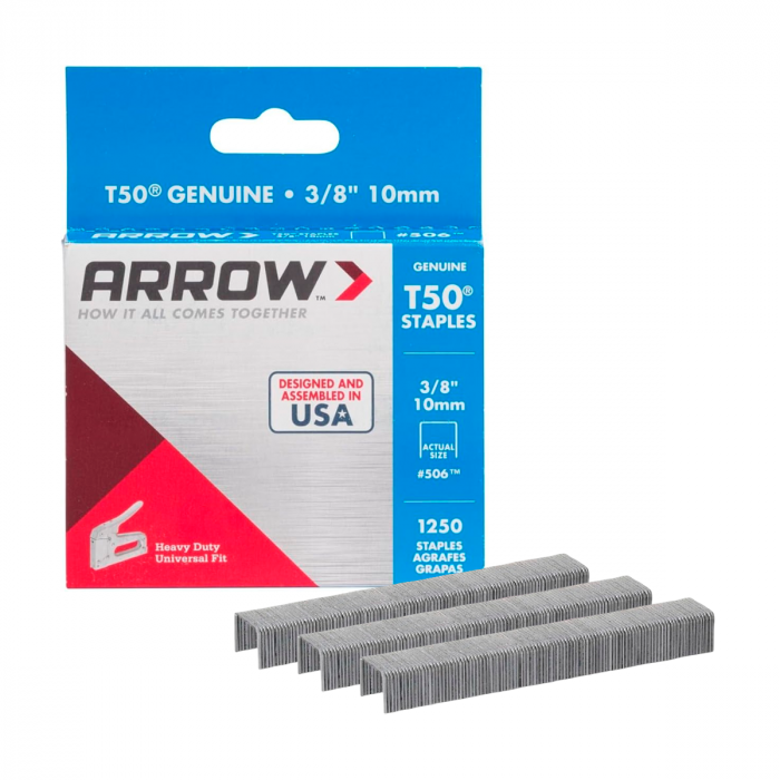 Grapas T50 Arrow #506 – Pierna 3/8″ × Corona 3/8″, Caja 1 250 pzs – Compatible Grapadoras T50 Heavy-Duty