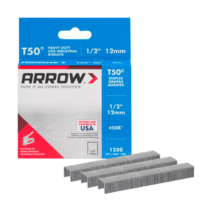 Grapas T50 #508 Arrow — 1/2″ de pierna x 3/8″ corona, Caja 1 250 pzs | Consumible profesional para grapadora T50
