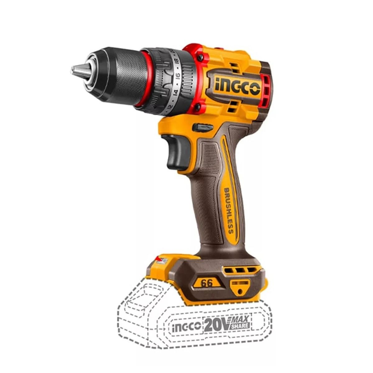 Rotomartillo Inalámbrico Ingco CIDLI206681 20V 1/2” con Batería, Cargador y Maletín para Concreto, Metal y Madera