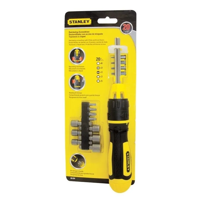 Juego de Desarmadores Ratchet 20 Piezas Stanley 62-574 | Desarmador Multipunta 20-en-1 con Matraca, Puntas & Nut-Drivers
