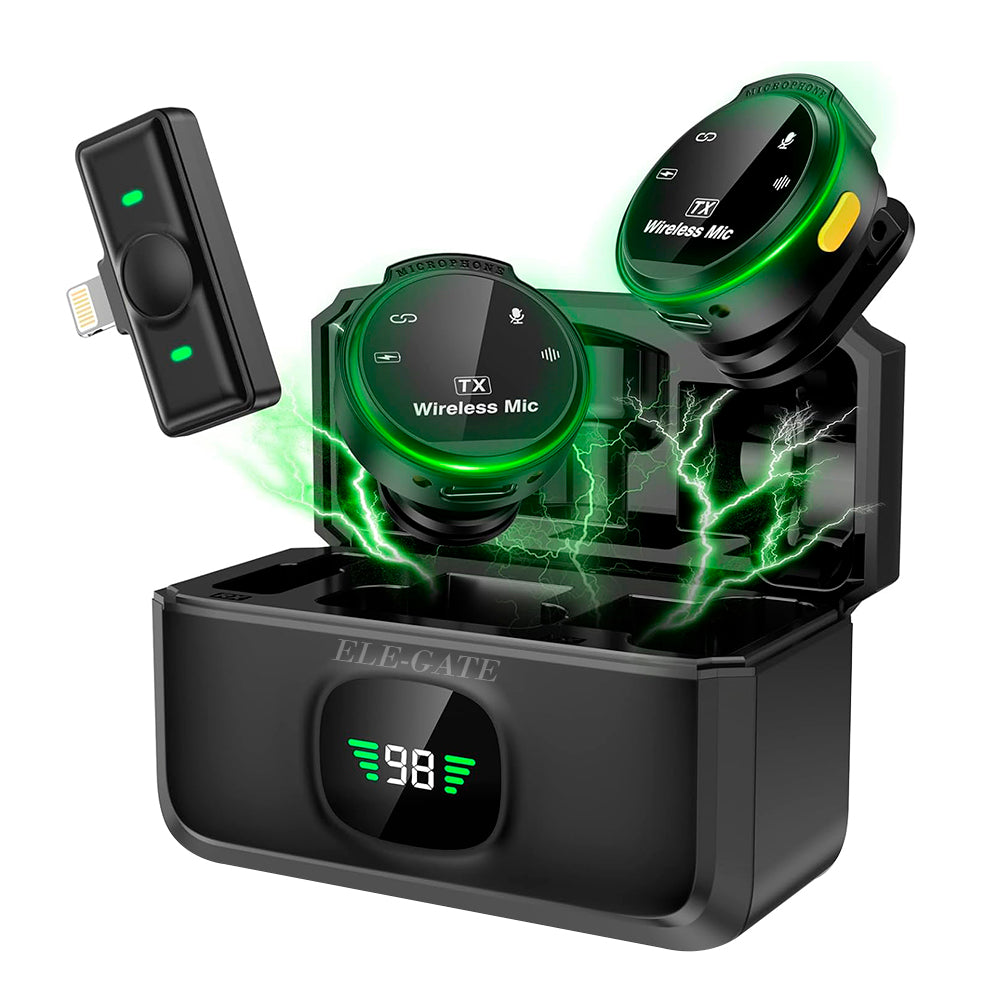 Juego inalámbrico 2 micrófonos lavalier + receptor Lightning para iPhone/iPad/Android – Kit vlog/retransmisión profesional