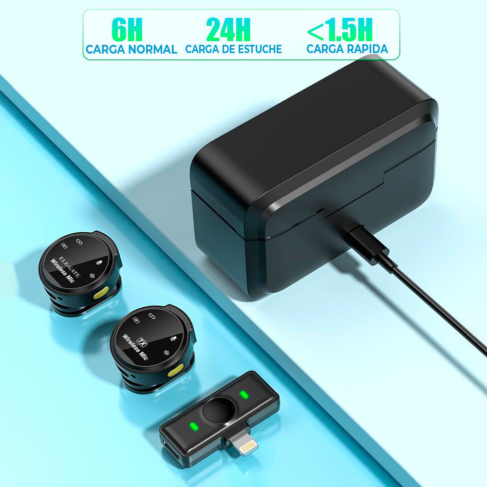 Juego inalámbrico 2 micrófonos lavalier + receptor Lightning para iPhone/iPad/Android – Kit vlog/retransmisión profesional