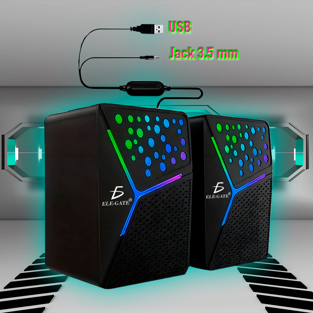 Bocinas Gaming RGB para Computadora – Par de Altavoces con Cable USB y Plug 3.5 mm, Sonido Potente y Luces LED