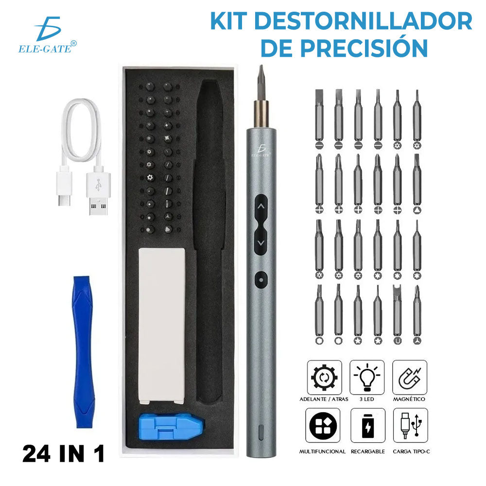 Mini Destornillador Eléctrico con 24 Puntas y 3 Luces LED – Kit Recargable Portátil de Precisión
