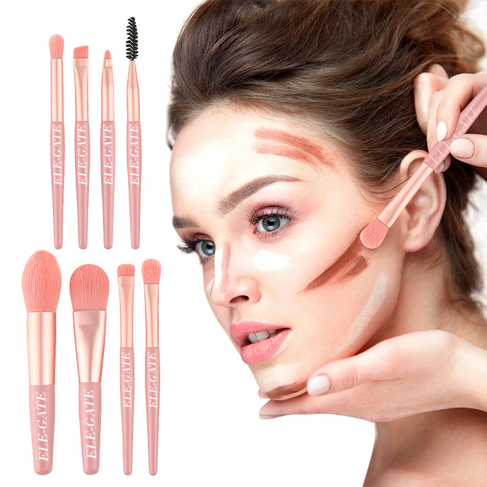 Juego de 8 Brochas de Maquillaje Profesionales con Bolsa Rosa Coral – Set Completo para Rostro, Ojos y Labios