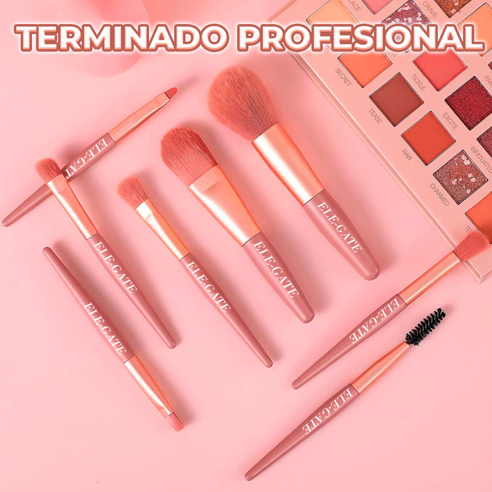 Juego de 8 Brochas de Maquillaje Profesionales con Bolsa Rosa Coral – Set Completo para Rostro, Ojos y Labios