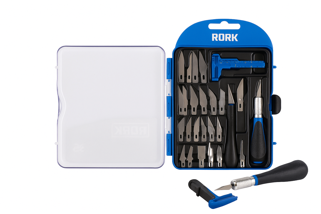 Kit de Navajas Tipo Exacto 35 Piezas RORK MRK-001 – Herramientas de Precisión para Manualidades, Modelismo y Corte