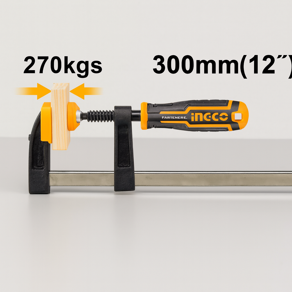 Sargento Para Madera 12” HFC020802 Ingco – Prensa F-Clamp Profesional 270kg