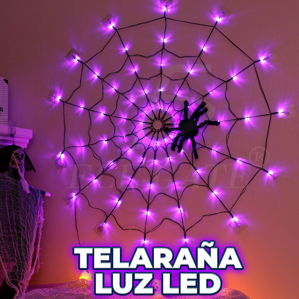 Telaraña de Halloween con luces LED a batería – Decoración luminosa de ambiente embrujado para interiores y exteriores, ideal fiestas y casas temáticas
