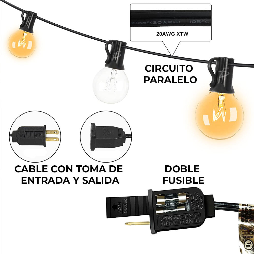 Guirnalda de Luces 7.5 Metros con 25 Focos G40 Impermeable – Iluminación Decorativa Exterior e Interior