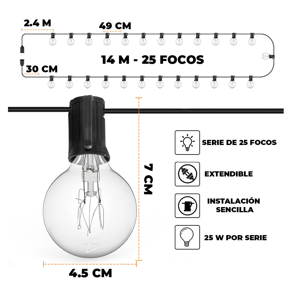 Guirnalda de Luces 7.5 Metros con 25 Focos G40 Impermeable – Iluminación Decorativa Exterior e Interior