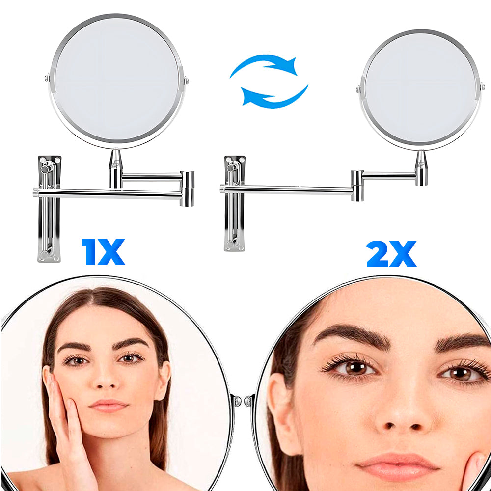 Espejo de tocador doble cara montado en pared – Espejo extensible con aumento y giro 360° ideal para maquillaje, afeitado y baño