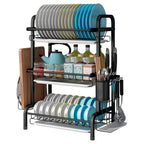 Escurridor metálico de trastes 3 niveles con porta-cubiertos – acero inoxidable, bandeja de goteo, ahorro de espacio