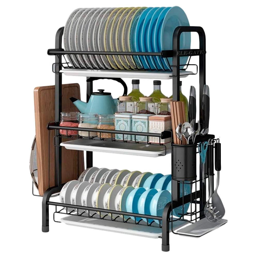 Escurridor metálico de trastes 3 niveles con porta-cubiertos – acero inoxidable, bandeja de goteo, ahorro de espacio
