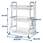 Escurridor metálico de trastes 3 niveles con porta-cubiertos – acero inoxidable, bandeja de goteo, ahorro de espacio