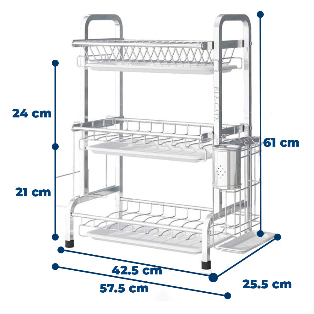 Escurridor metálico de trastes 3 niveles con porta-cubiertos – acero inoxidable, bandeja de goteo, ahorro de espacio