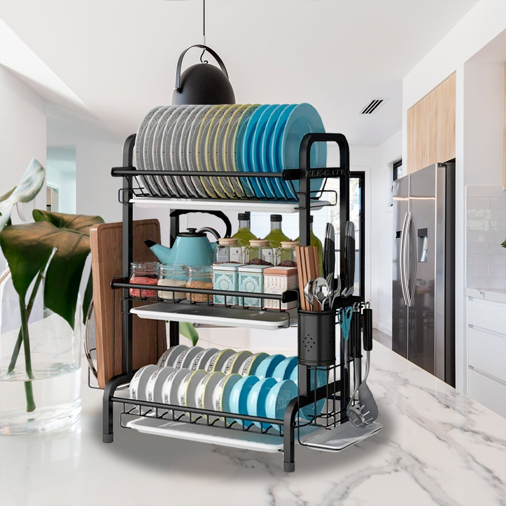 Escurridor metálico de trastes 3 niveles con porta-cubiertos – acero inoxidable, bandeja de goteo, ahorro de espacio