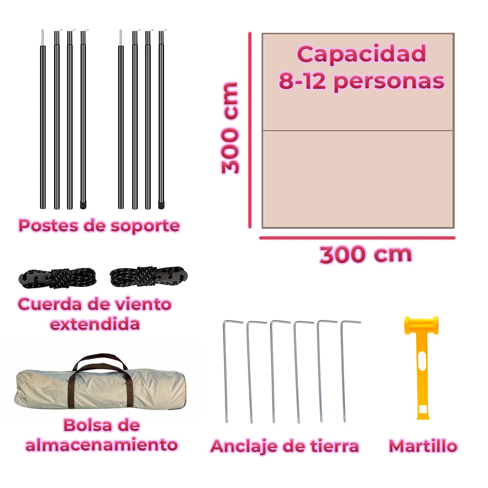 Carpa plegable 3x3 m con tela repelente al agua – Toldo portátil resistente al sol y lluvia, ideal para exteriores, eventos, jardines y negocios
