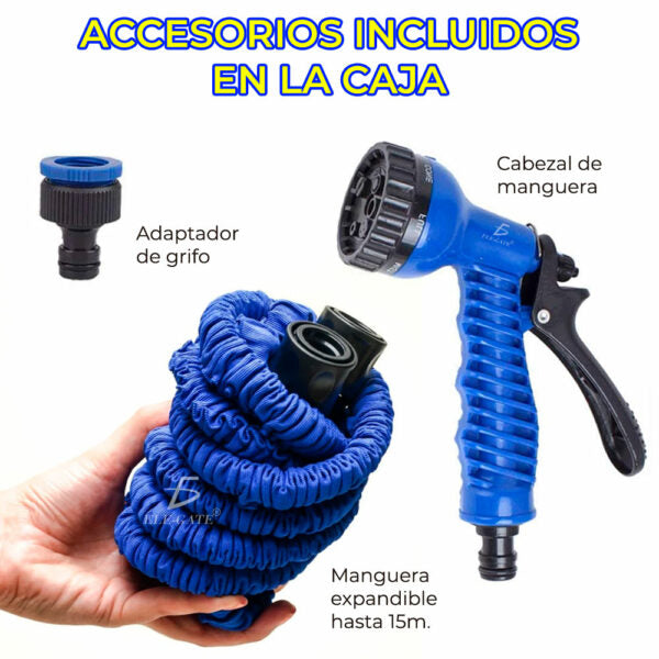 Manguera flexible expandible 15 m con pistola rociadora – Manguera de jardín antifugas y ligera, ideal para riego, limpieza y exteriores
