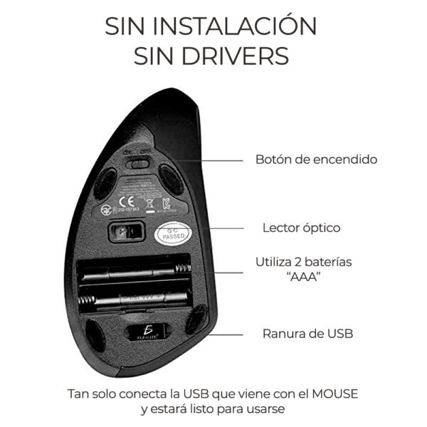 Mouse vertical inalámbrico ergonómico – diseño tipo “handshake”, conexión 2.4 GHz / Bluetooth, ideal para oficina y uso prolongado
