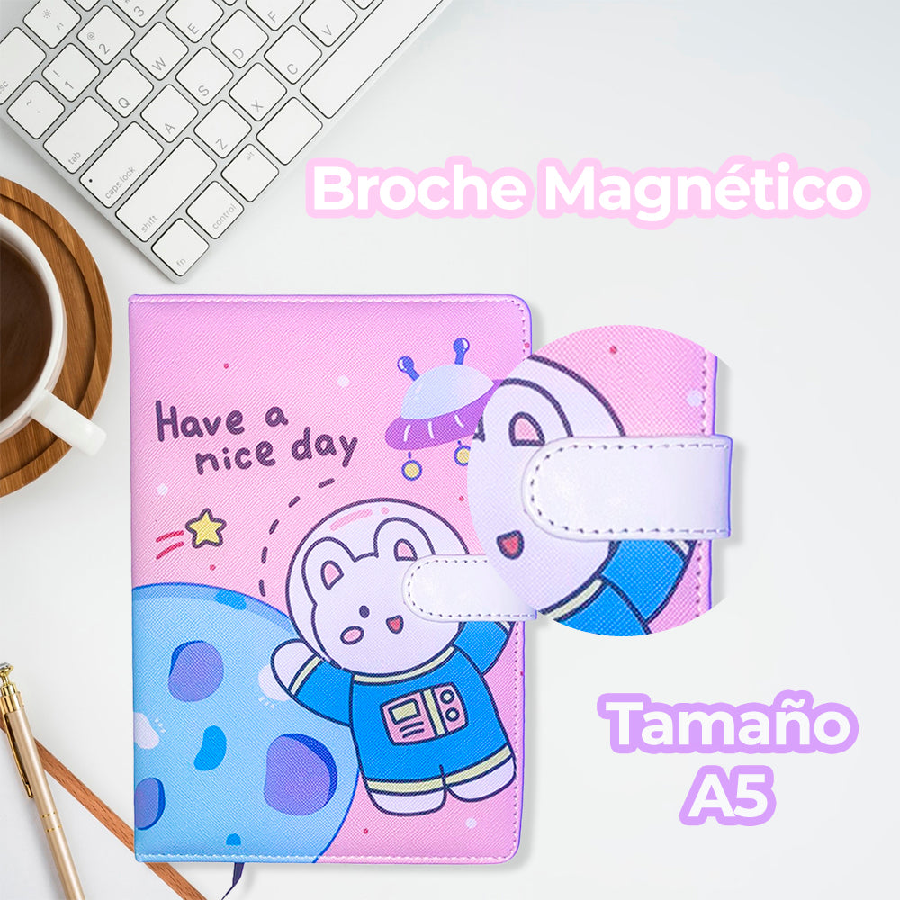 Cuaderno Kawaii 100 Hojas con Pasta Acolchonada y Cierre Magnético – Diseño Tierno y Suave para Notas o Diario