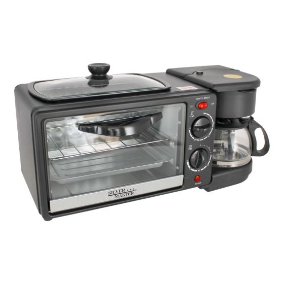 Horno Desayunador Eléctrico 3 en 1 Silver Master 17051 – Tostador, Cafetera y Sartén Antiadherente