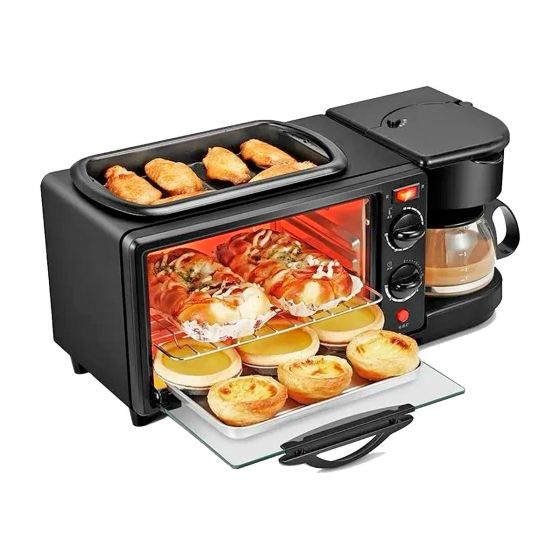 Horno Desayunador Eléctrico 3 en 1 Silver Master 17051 – Tostador, Cafetera y Sartén Antiadherente