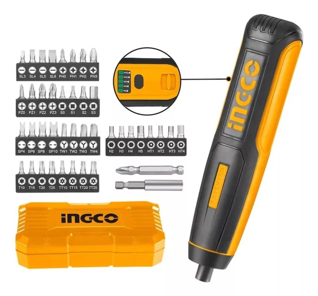 Atornillador Inalámbrico Ingco CSDLI04062 4V con Batería Recargable, Luz LED, 45 Accesorios y Estuche Rígido