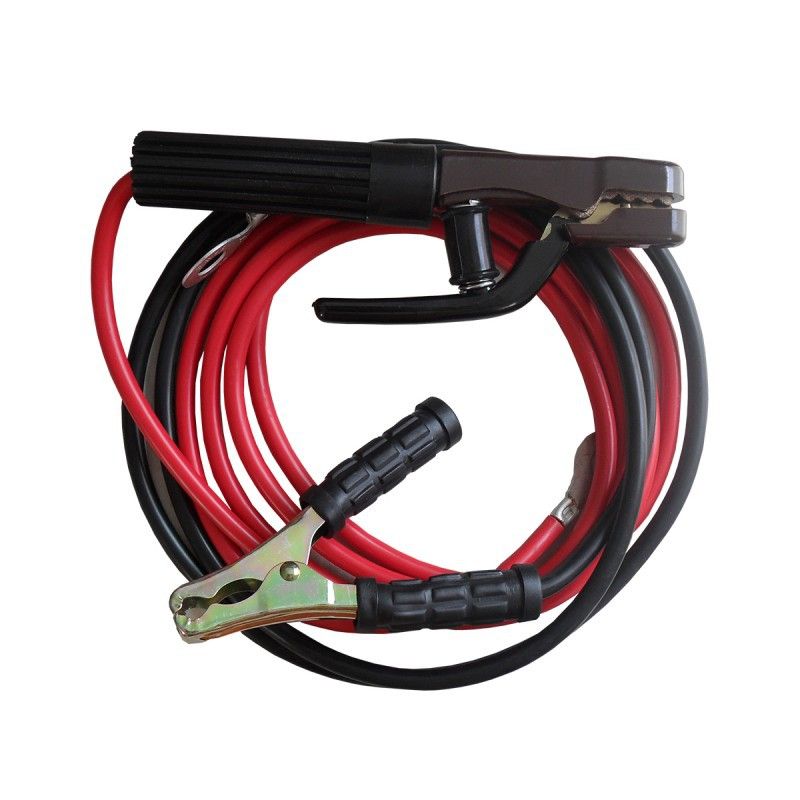 Juego de cables para soldar 10 m 300 A con pinza portaelectrodo y tenaza de tierra; cables rojo y negro con cobre trenzado