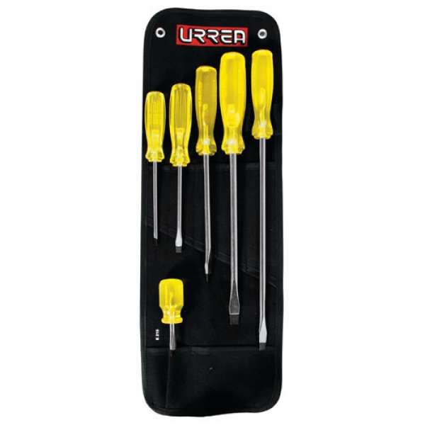 Juego de Desarmadores 6 Piezas Urrea 9600-B | Mango Ámbar Transparente, Barra Redonda, Punta Plana Profesional