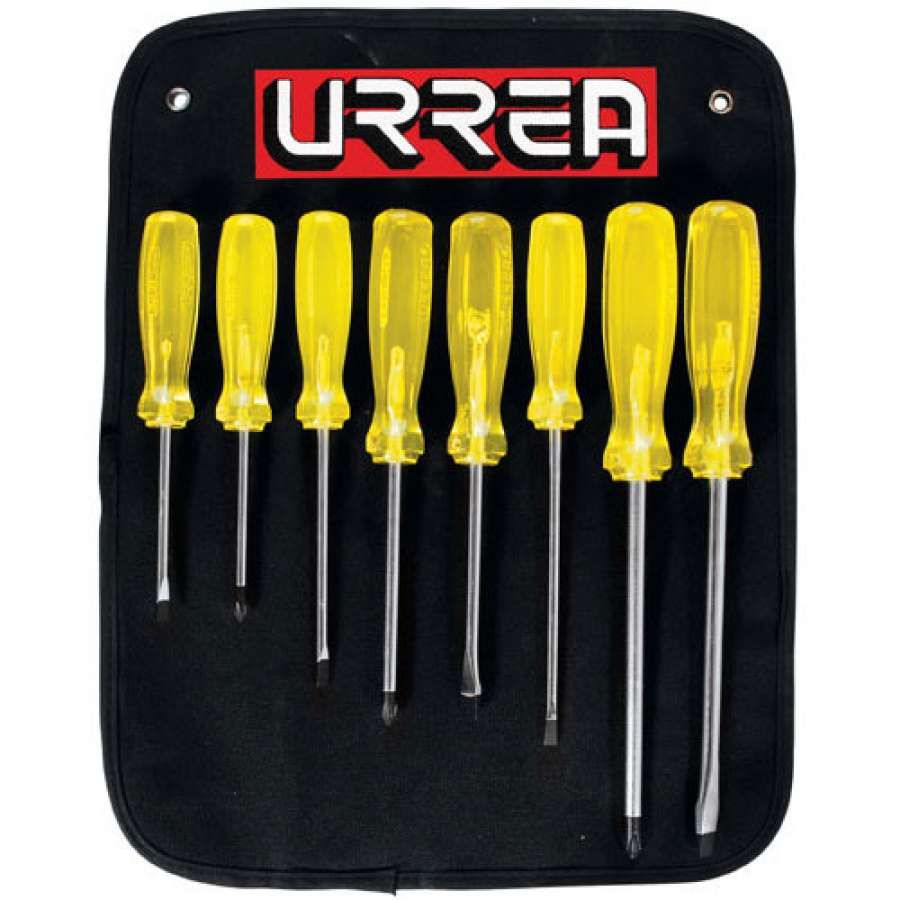 Juego de Desarmadores 8 Piezas Urrea 9600-D | Mango Ámbar Transparente, Barra de Acero Microaleado Profesional