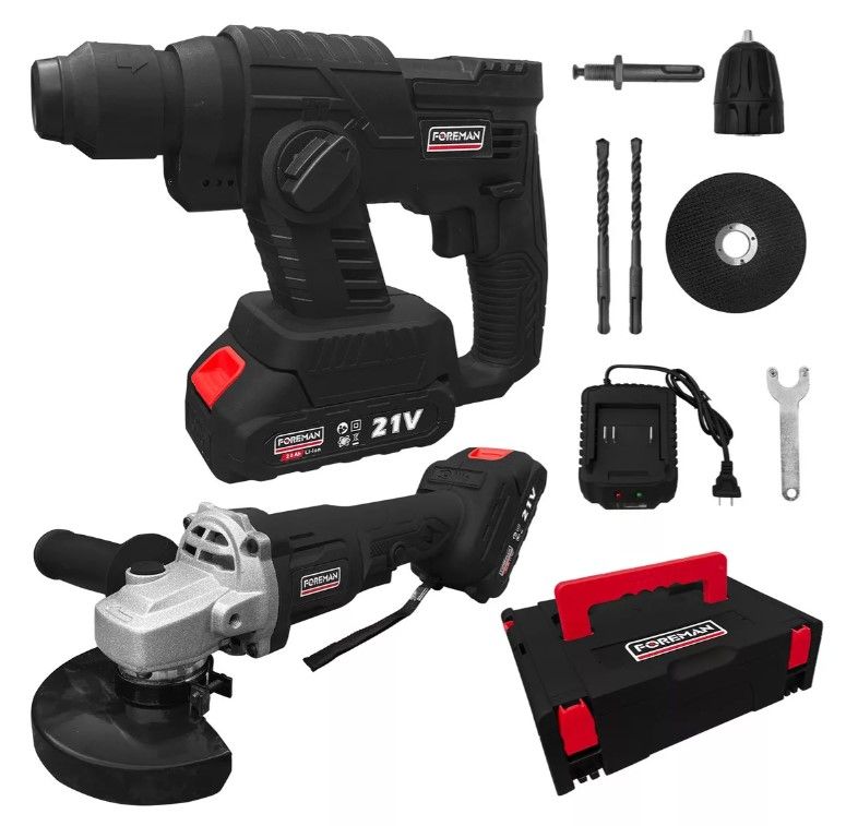 Kit Inalámbrico Foreman FO023 con Rotomartillo y Esmeriladora 21V, 2 Baterías, Cargador y Maletín Profesional