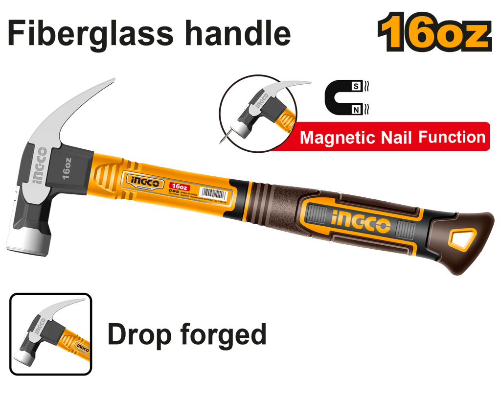Martillo de Uña Ingco HCH81016 16oz de Acero Forjado con Mango Fibra de Vidrio Antivibración y Cabeza Pulida Profesional