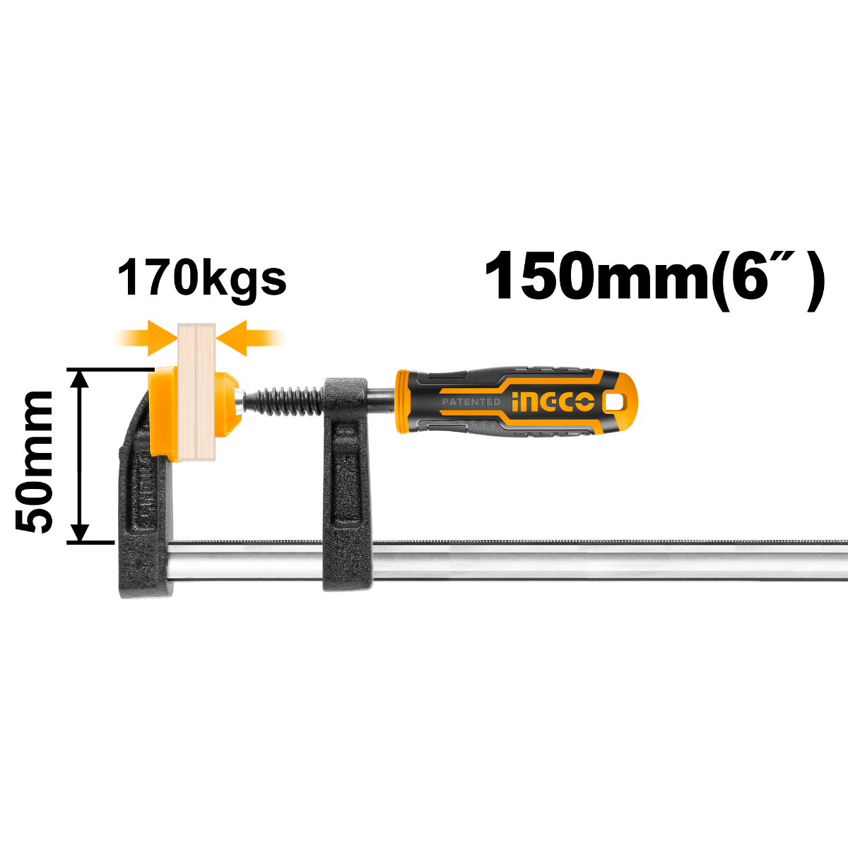 Sargento Para Madera Ingco HFC020501 6” de Acero Reforzado con Mordazas Antideslizantes y Mango Ergonómico