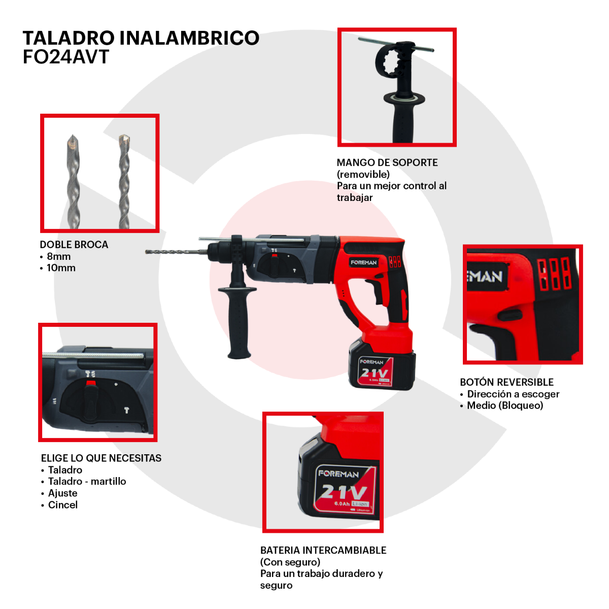 Rotomartillo Inalámbrico Foreman FO24AVT 21V con Batería, Cargador y Maletín Profesional para Concreto, Metal y Madera