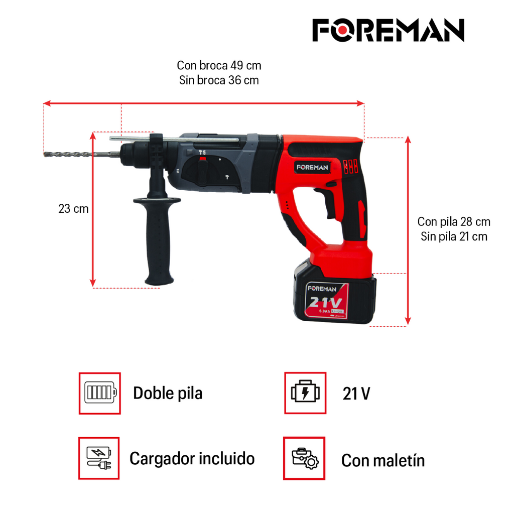Rotomartillo Inalámbrico Foreman FO24AVT 21V con Batería, Cargador y Maletín Profesional para Concreto, Metal y Madera