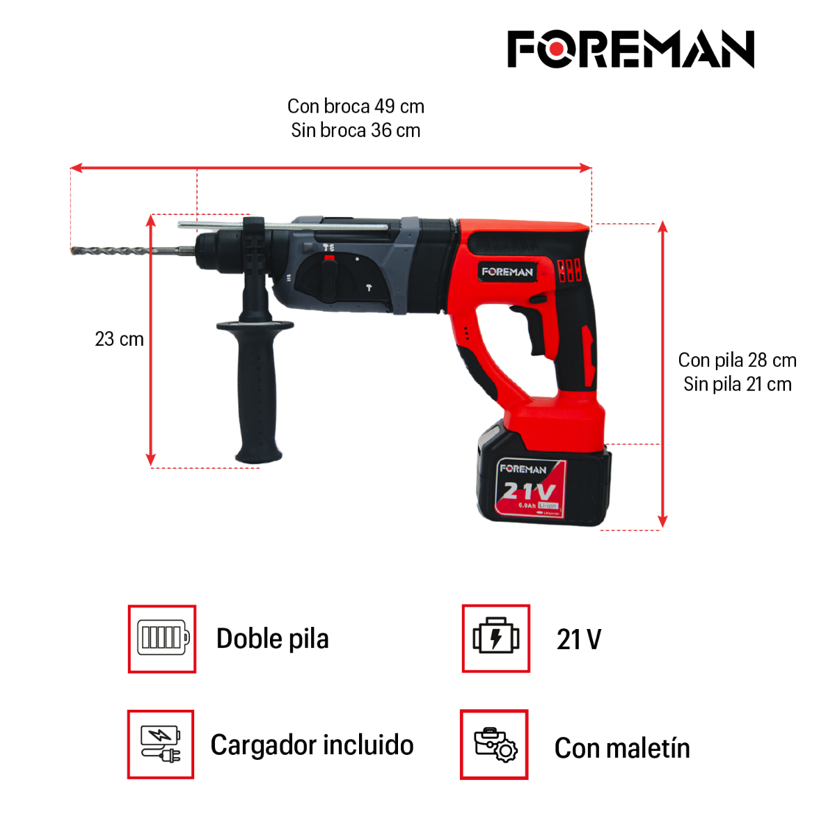 Rotomartillo Inalámbrico Foreman FO24AVT 21V con Batería, Cargador y Maletín Profesional para Concreto, Metal y Madera