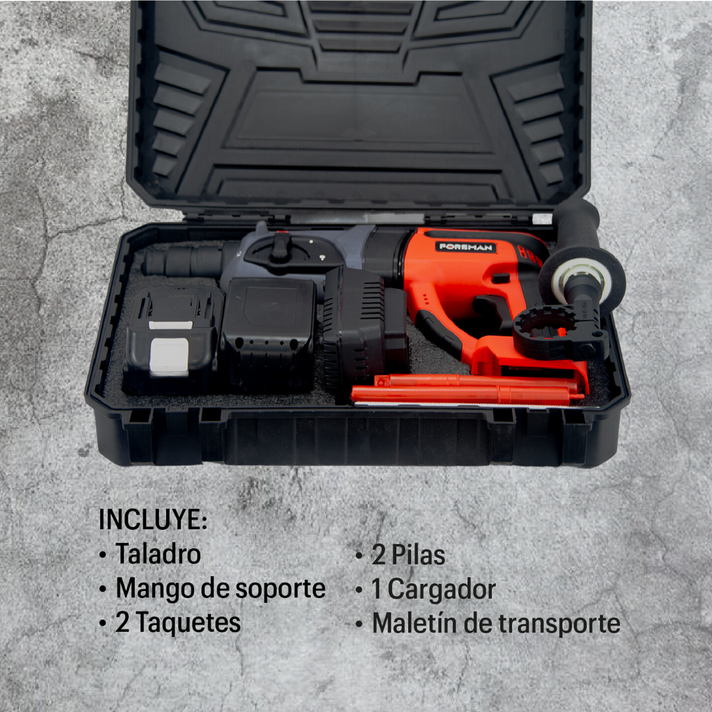 Rotomartillo Inalámbrico Foreman FO24AVT 21V con Batería, Cargador y Maletín Profesional para Concreto, Metal y Madera