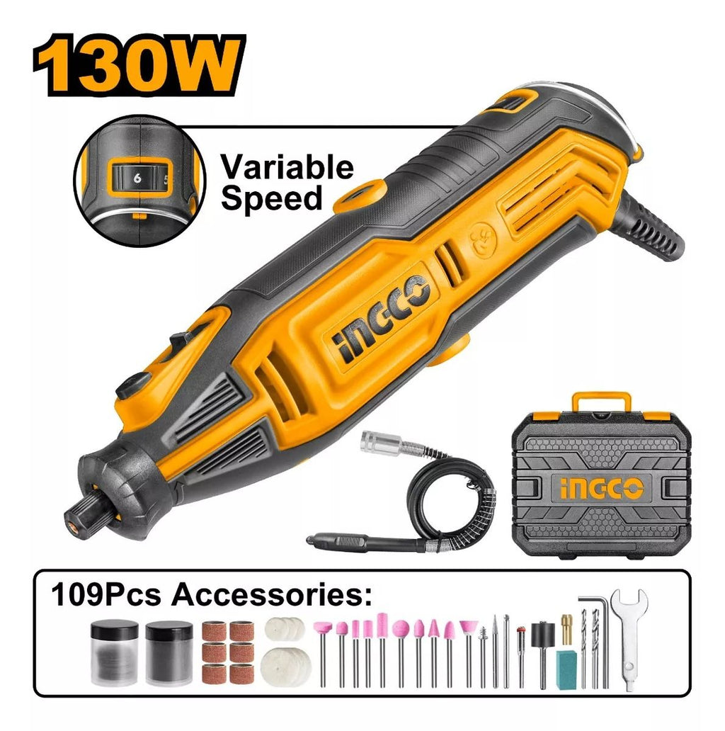 Mototool Ingco UMG13328 130W con Eje Flexible, Velocidad Variable y 52 Accesorios para Corte, Pulido y Grabado
