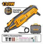 Mototool Ingco UMG13328 130W con Eje Flexible, Velocidad Variable y 52 Accesorios para Corte, Pulido y Grabado