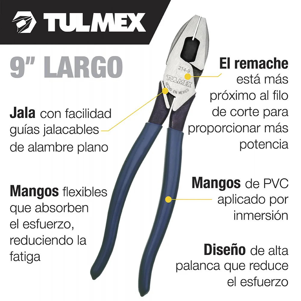 Pinza Electricista de Alta Palanca 9" 214-9 K-Tulmex | Con Jalador de Guías y Dado para Terminales